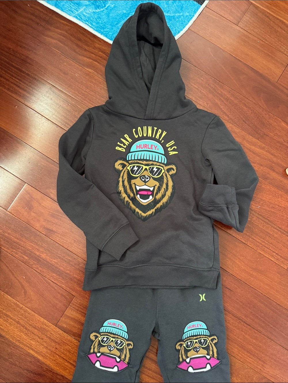 Hurley Black Kids Set with Colorful Bear Graphic